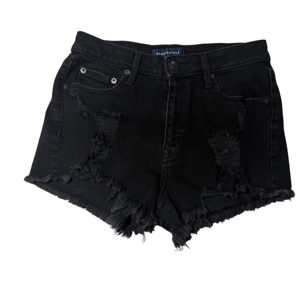 Aeropostale Womens Black Distressed Denim Shorts Frayed Hem High Waist Size 6